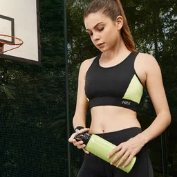 HRX By Hrithik Roshan Women Jet Black, Charlock,Bright White Colourblock Rapid-Dry Antimicrobial Running Sports Bra-image-25