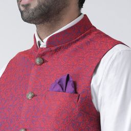 KISAH Men Red Woven Design Nehru Jacket image 4