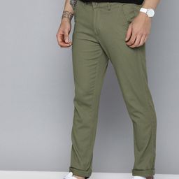 Mast & Harbour Men Olive Green Solid Mid-Rise Regular Trousers-image-37