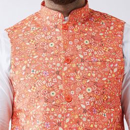 SOJANYA Peach & Yellow Printed Nehru Jacket image 4