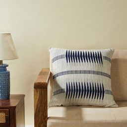 Fabindia White & Navy Blue Geometric Cotton Square Cushion Cover-22