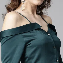 STREET 9 Women Green Solid Satin Finish Bardot Top image 2