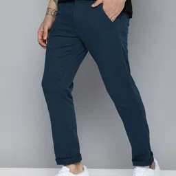 Mast & Harbour Men Dark Blue Solid Mid-Rise Regular Trousers-picture-1
