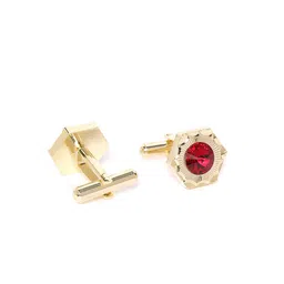 D.C Creation Men Gold-Plated & Red Artificial Stone-Studded Geometric Cufflinks & Tie Pin image 3