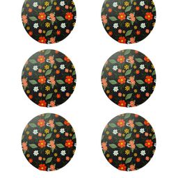 CRAYTON Set Of 6 Black & Red Floral Print Round Wooden Coasters With Holder image 2
