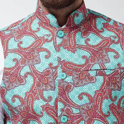 SOJANYA Men Sea Green & Red Printed Nehru Jacket image 4