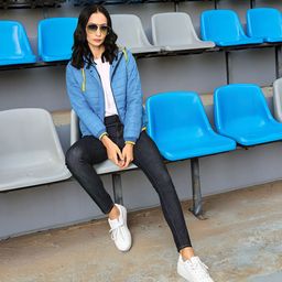 Harvard Women Blue Solid Hooded Bomber Jacket-image-55