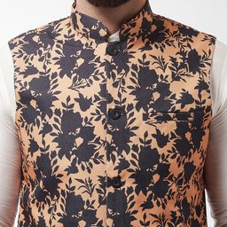SOJANYA Men Off-White & Peach-Coloured Kurta with Churidar & Printed Nehru Jacket image 4