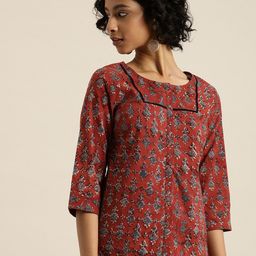 Taavi Women Red & Navy Blue Bagru Hand Block Print Regular Sustainable Pure Cotton Top With Full Button Placket image 3