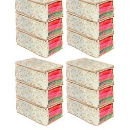 Kuber Industries Set Of 12 Brown & White Metalic Leaf Printed Saree Organisers-31