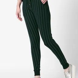 Zeyo Women Green & White Striped Slim Fit Joggers-picture-24