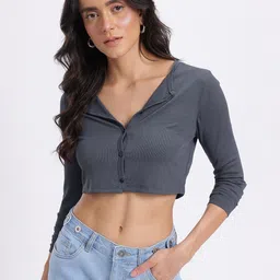 glitchez Ribbed Button-Up Bodycon Crop Top image 2