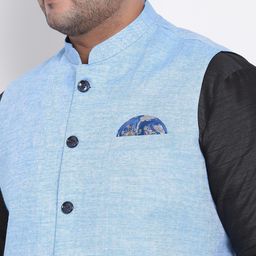 Hangup Men Black & Blue Solid Dupion Silk Kurta with Pyjamas & Jacket image 5