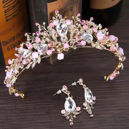 Yellow Chimes Gold Studded Crystal Embellished Crown Tiara With Earrings-image-53