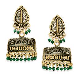 ANIKAS CREATION Green & Gold-Toned Contemporary Jhumkas-image-0