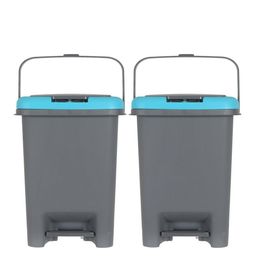 Kuber Industries Set Of 2 Grey & Blue Solid Plastic Push And Pedal Dustbin With Lid & Handle-8