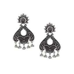 Silvermerc Designs Silver-Toned & Black Floral Drop Earrings-picture-1