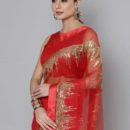 HERE&NOW Red & Golden Sequinned Net Saree image 2