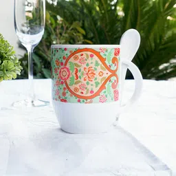 KOLOROBIA Green & Orange Ornate Mughal Spoon Mug with Spoon-image-2