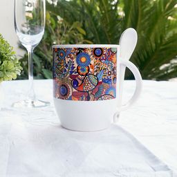 KOLOROBIA White & Blue Printed Peacock Admiration Spoon Mug-44