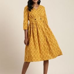 Taavi Pure Cotton A-Line Wrap Style Bagru Ethnic Dress-image-51
