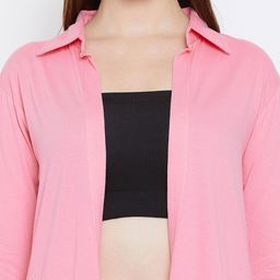 Hypernation Pink Solid Open Front Bell Sleeves Longline Shrug image 5