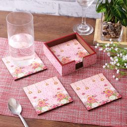 eyda Set Of 6 Pink & Yellow Digital Printed Square Wooden Coasters With Holder-32