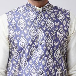 SOJANYA Men White & Blue Printed Kurta with Dhoti Pants image 4