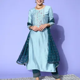 Sangria Floral Yoke Design Regular Sequinned Kurta with Trousers & Dupatta image 4