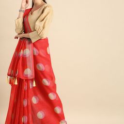 Sangria Red & White Pure Linen Printed Saree-image-26