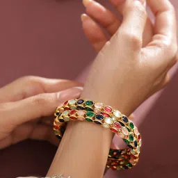 Rubans Set of 2 18K Gold-Plated Multi-Coloured Oval Stone Studded Designer Bangles image 2