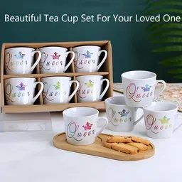 BonZeaL White & Blue 6 Pieces Printed Ceramic Glossy Tea Cups 170 ml Each image 2