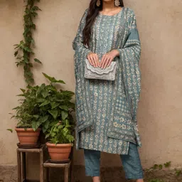 AHIKA Floral Printed Sequinned Kurta with Trousers & With Dupatta-picture-12