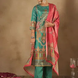 Anouk Floral Printed Regular Beads And Stones Kurta With Trousers & Dupatta image 3