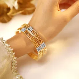 Rubans Set of 2 22K Gold-Plated Greek Key Design & Cubic Zirconia Handcrafted Bangles image 2