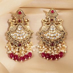 Rubans 22K Gold-Plated White Kundan Studded Chandbali Earrings with Pearl & Ruby Red Beads image 2