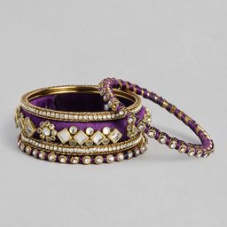 Peora Set Of 10 Purple Gold-Plated Stone Studded Silk Thread Bangle image 2