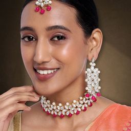 Peora White & Magenta Gold-Plated Kundan & Crystals Bridal Jewellery Set-image-87