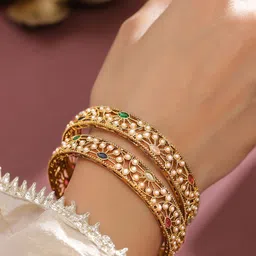 Rubans Set of 2 18K Gold-Plated Mini Pearl & Multi-Coloured Stone Designer Bangles image 3