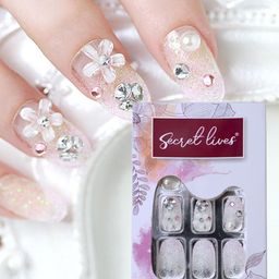 Secret Lives 24 Pieces 3D Flowers Stones Pearls Shimmer Fake Nail Extensions-24