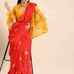 Sangria Red & Gold-Toned Embellished Saree-image-3
