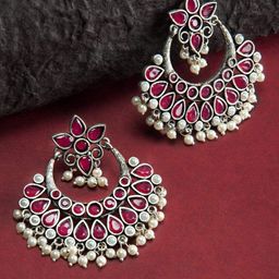 Rubans Oxidised Silver-Toned & Red Handcrafted Crescent Shaped Chandbalis image 4