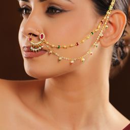Rubans 18K Gold-Plated Ruby Kundan Studded Multi-Colour Pearl Bead Triple-Layer Chain Nath image 5