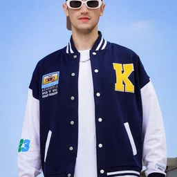 House of Koala Graphic Printed Cotton Relaxed Fit Varsity Jacket with Patchwork Detail-27