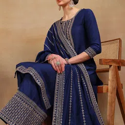 KALINI Ethnic Motifs Yoke Design Thread Work Straight Kurta With Palazzos & Dupatta-picture-21