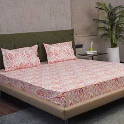 URBAN SPACE Peach & White Cotton 200 TC Queen Bedsheet with 2 Pillow Covers-image-5