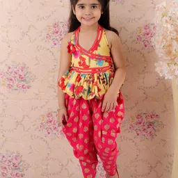 Twisha Girls Yellow & Red Floral Printed Angrakha Kurti with Dhoti Pants-image-12
