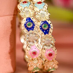 Rubans Set of 2 18K Gold-Plated Multicolor Enamel & Stone-Studded Floral Design Bangles image 2