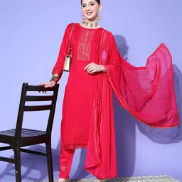 Sangria Floral Embroidered Regular Sequinned Kurta with Trousers & With Dupatta image 4