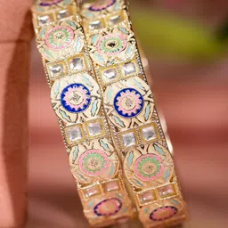 Rubans Set of 2 18K Gold Plated Multicolor Enamel & Kundan Stone Studed Bangle image 2